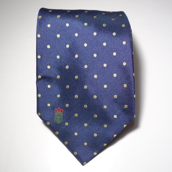Vintage Chanel Paris Navy Blue & Yellow Polka Dot Silk Tie w/ Green Chanel Crest - Picture 1 of 6